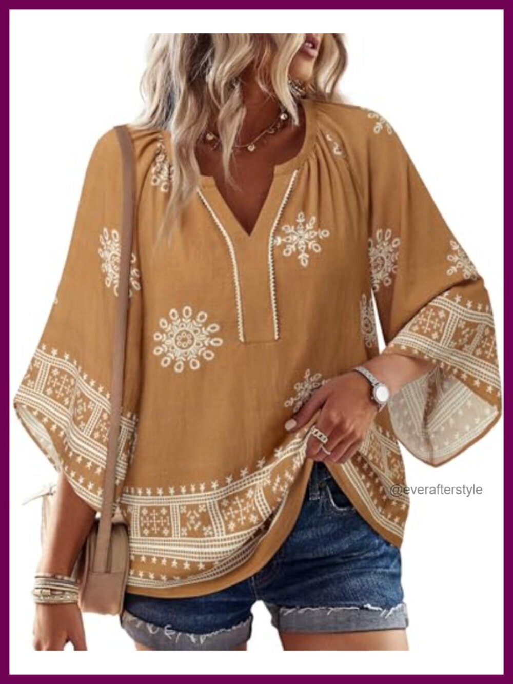 Boho Floral Peasant Blouse 3/4 Bell Sleeve V Neck Linen Top